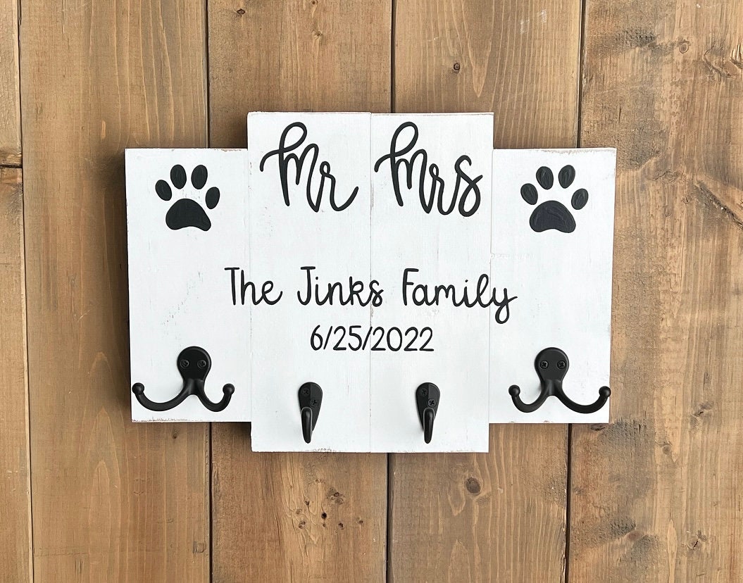 Custom Wedding Gift For Couple | Future Mr and Mrs | Key and Dog Leash Holder for Wall | Family Last Name Wood Sign | Dog Lover Gift Idea