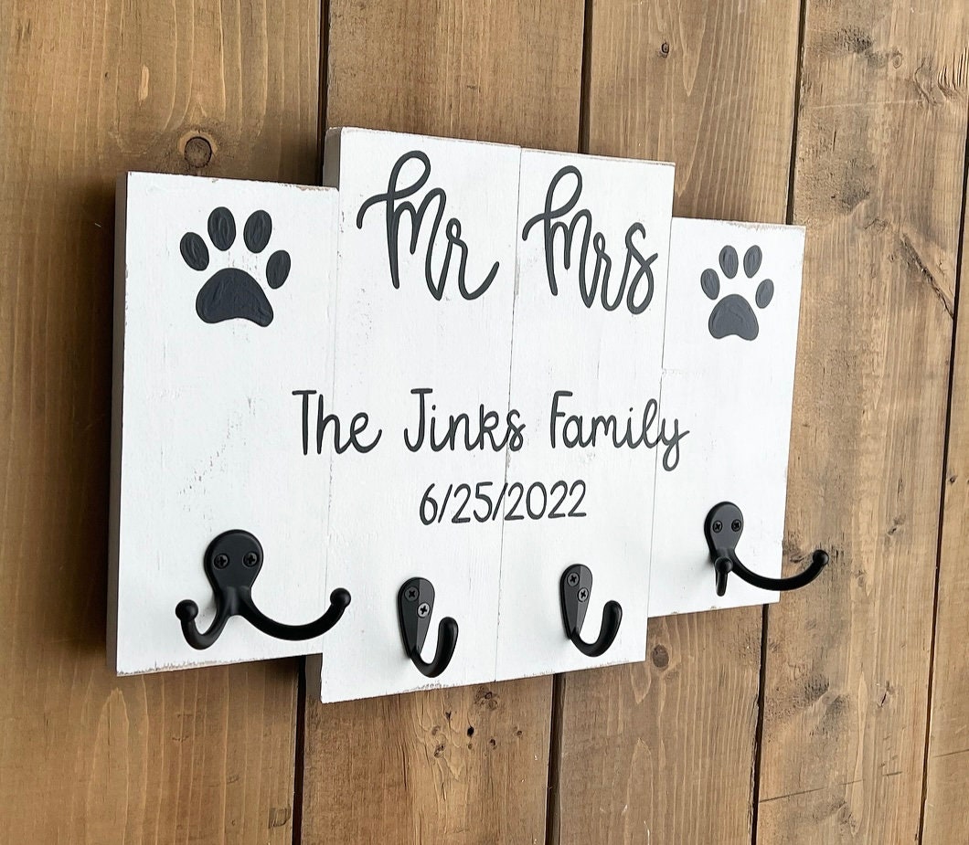 Custom Wedding Gift For Couple | Future Mr and Mrs | Key and Dog Leash Holder for Wall | Family Last Name Wood Sign | Dog Lover Gift Idea